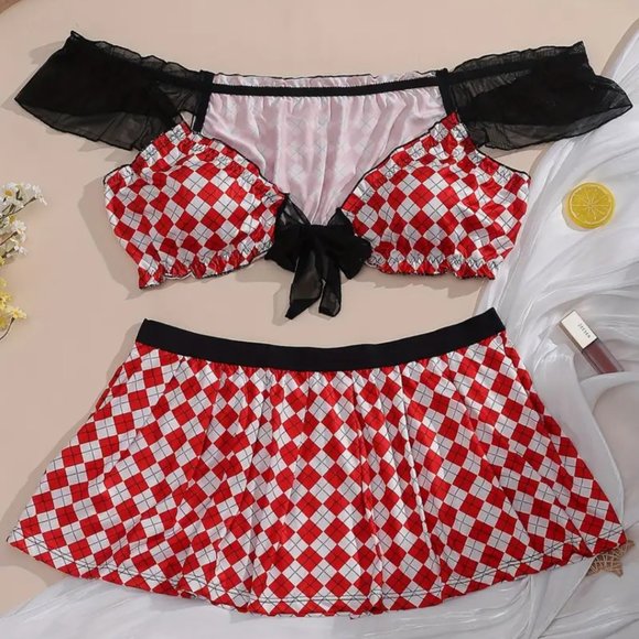 Plus red white black checked shorty tie top matching mini skirt NWT - Picture 9 of 12